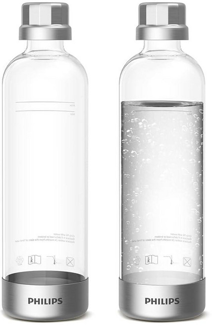 PHILIPS 탄산 병 ADD916/37 1L 트윈 팩 재사용 가능한 PET 스파클링 워터 보틀 호환 탄산수 메이커 ADD4902BKOQ/37 ADD4902WHOQ/37, 스테인리스 스틸 2팩, 실버, 실버
