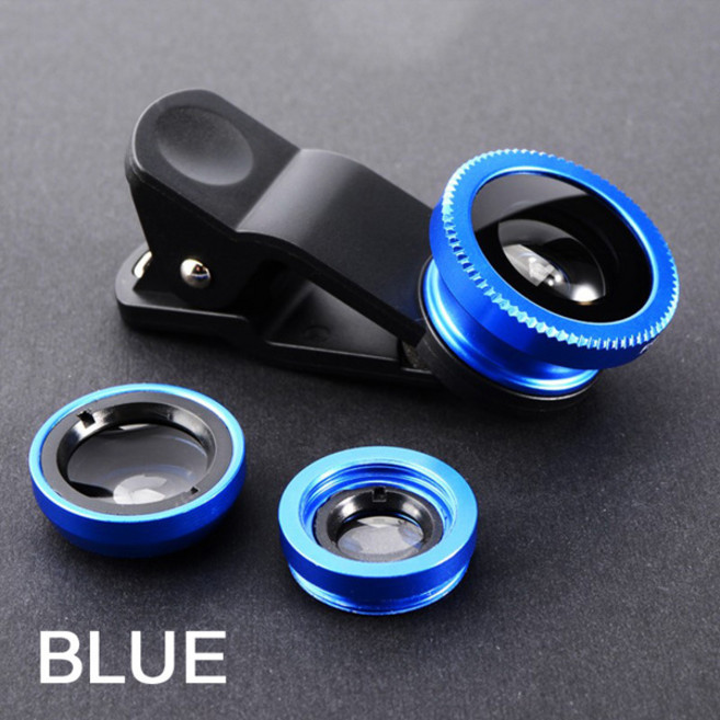 3 In 1 Fisheye 광각 마이크로 카메라 렌즈 for iPhone Xiaomi Redmi 3in1 줌 피쉬 아이 렌즈 클립이 있는 스마트폰 렌즈, [04] Blue, 1개