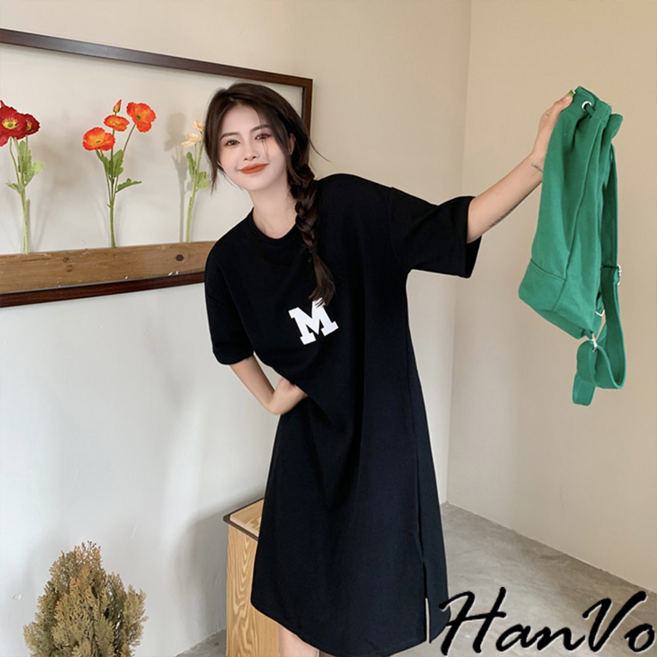 HanVo M字母休閒寬鬆顯瘦長洋裝 - 韓系短袖連衣裙, 黑色