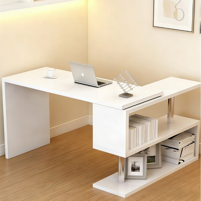 다기능 책상 수납장 달린 책상 컴퓨터책상 100CM 회전식 사무용책상, 화이트
