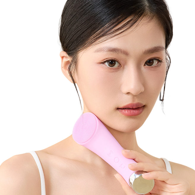 ERANSTAR 실리콘 진동클렌저 전동 브러쉬 세안기 온열 얼굴 클렌징 모공 피지 제거, 핑크