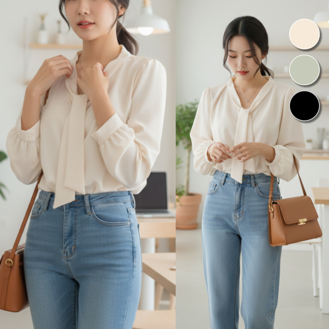 핏몬 여성 드레이프 타이 리본 긴팔 블라우스