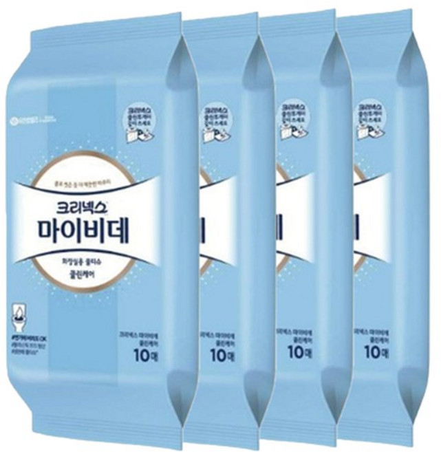 유한킴벌리 크리넥스 마이비데 화장실용 물티슈 휴대용 10매 4팩, 4박스, 24g