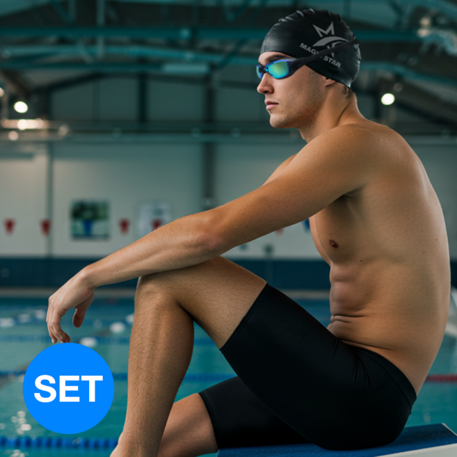 3종세트/ 매직스타 남자수영 필수 아이템 (5부 수영복+컴포트 수모+와이드 미러수경)