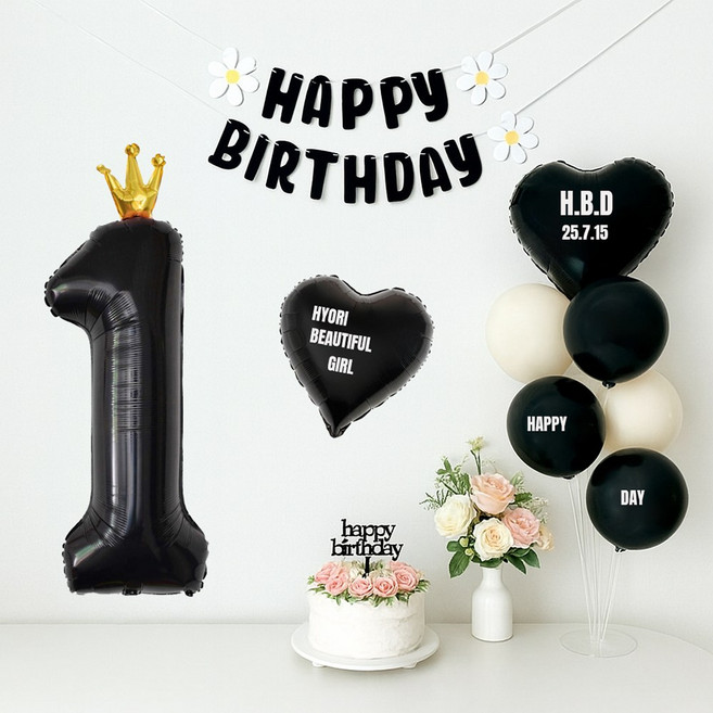 해피제이니 블랙왕관 초대형 숫자풍선 생일 파티풍선 세트(레터링 시트지 3장 포함), 1세트, 블랙왕관숫자 1
