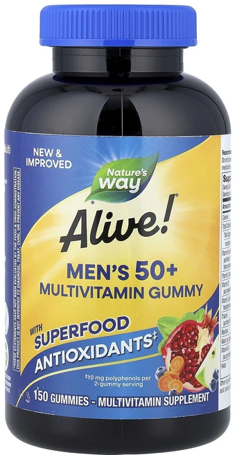 단백질 비타민 철분 마그내슘 칼슘 Nature's Way Alive!® 50세 이상 남성용 종합비타민 구미젤리 과일 맛 구미젤리 150개 고루고루섭취해주세요, NaturesWayAlive50세이상남성용종합비타민구미, 1개 - 쿠팡