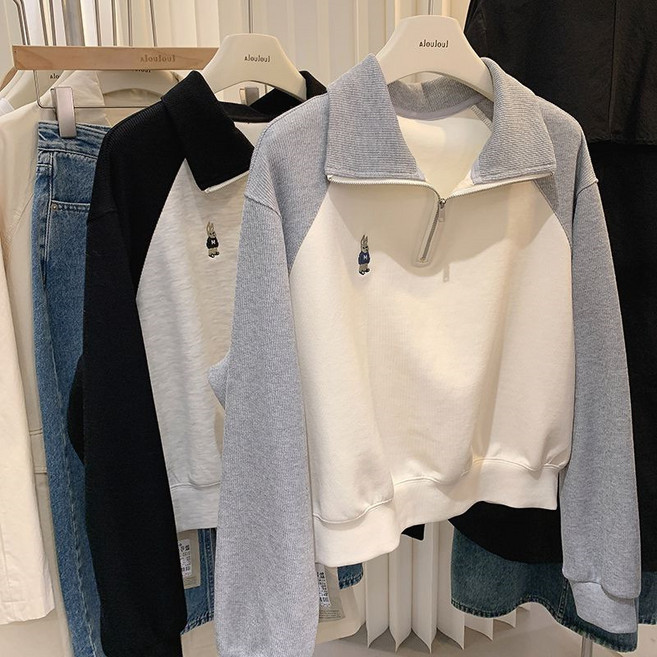 Half-Zip 스웨트 셔츠 여성의 봄과 가을 새로운 자수 긴 소매 풀오버 탑