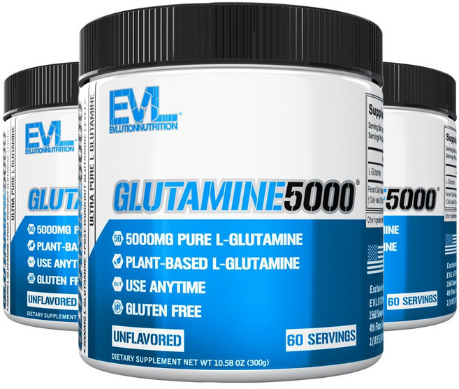 EVLUTIONNUTRITION 울트라 퓨어 글루타민 5000mg 언플레이버드, 3개, 300g