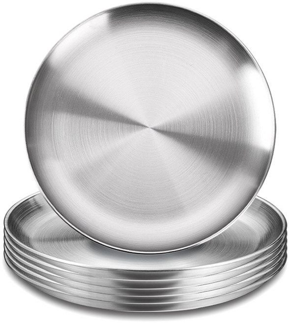 BUZOO 무광 스텐레스 접시 원형 스텐 원형 접시 스텐레스 원형 접시 세트, 실버, 6개
