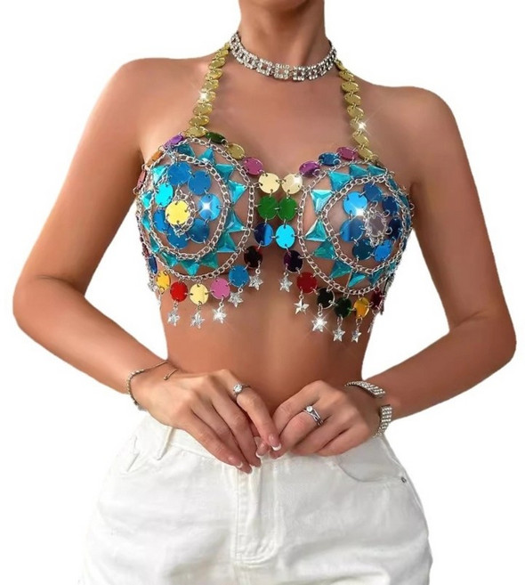 화려한 스팽글 Halterneck Crop Top Star Tassels 가슴 체인 비키니 브라 바디 보석 여성 나이트 클럽 파티 복장