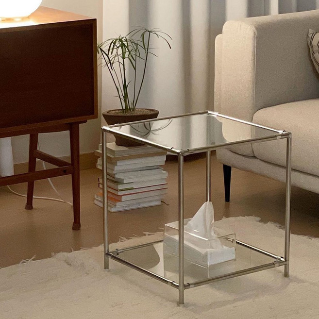 DIY 오그레 스테인레스 모듈 가구 큐브 사이드 테이블, 투명 유리+아이보리 유리