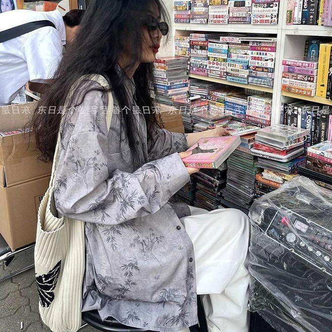 清冷感新中式印花長袖襯衫女春夏復古寬鬆休閒高級感小眾防曬上衣