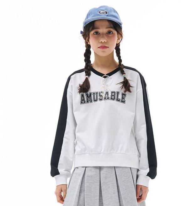 오션스카이 여아 V넥 투톤 세미크롭 맨투맨