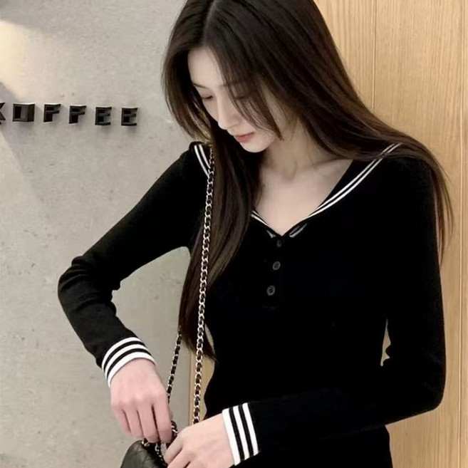 러브베리 여성 세일러카라 배색 긴팔 니트 JL0324A