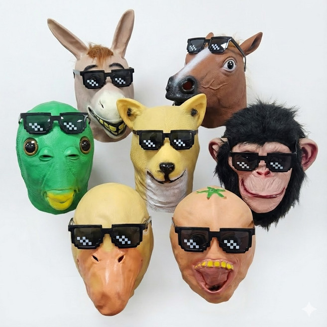 [픽셀 선글라스 포함] 외계인 동물 가면 말 물고기가면 웃긴 할로윈 분장 틱톡 실리콘 마스크, 1개, 외계인+픽셀 선글라스