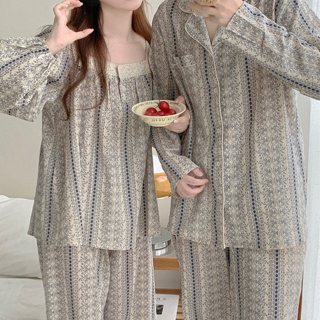 [러빙리] 팰리스 긴팔 긴바지 커플 파자마 원피스 잠옷 홈웨어 상하세트