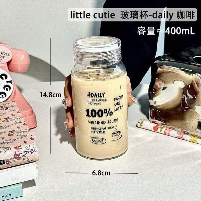 VITO zakka 印花咖啡瓶 高硼硅玻璃咖啡瓶 牛奶瓶400毫升 耐冷耐熱, 1個, 咖啡款(杯+蓋)400ML
