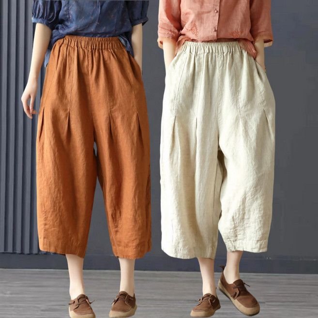 Unique 중년여성 오버핏 100% 린넨 바지 루즈핏 통풍 7부 와이드 팬츠 빅사이즈 엄마옷 40대50대60대