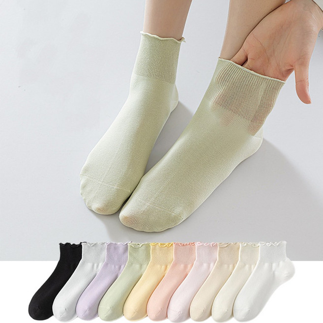 여름 여성 여자 순면 화이트 마카롱 컬러 학생 무압박 프릴 발목 양말 5켤레세트