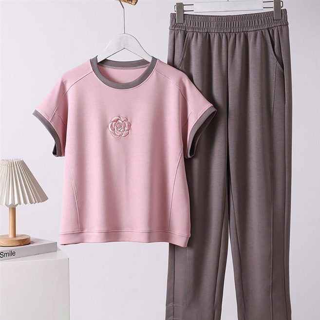 여성 여름용 엄마 트레이닝 세트 반팔 상하의 홈웨어 캐주얼스타일 HH0618
