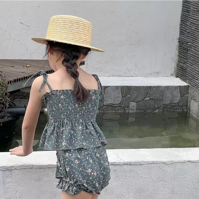 愛北鼻 女寶 INS爆款碎花泳衣 - 墨綠色, 墨綠-綁帶短袖分體泳衣+泳褲+泳帽,S碼