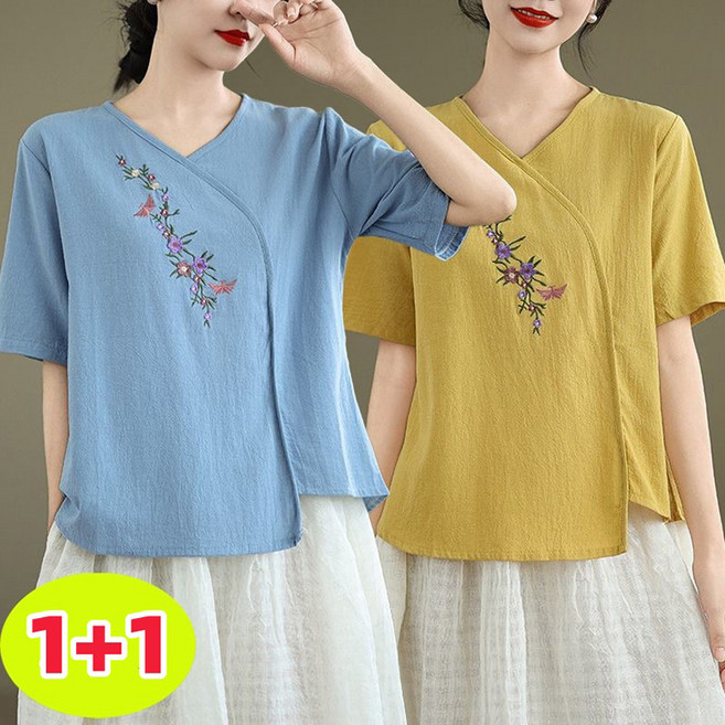 swygsqql 1+1 봄여름 여성용 면마 자수 브이넥 여성 반팔티 개량한복 린넨 셔츠 상의