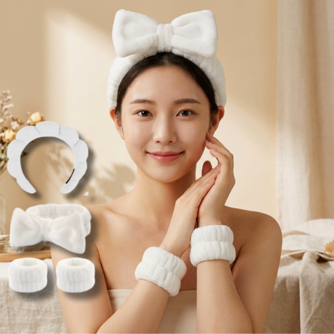 수더분 구름 리본 세안 손목밴드, 화이트