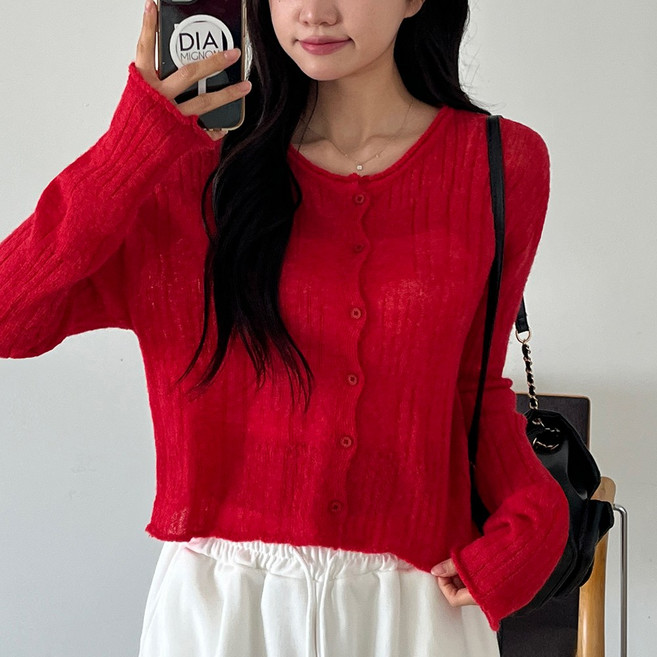 [디아미뇽] 요플리 라운드넥 시스루 레이어드 니트 긴팔 가디건