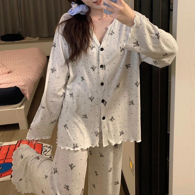 Jeernare 리본 여성 잠옷 느슨한 여성 잠옷 세트 봄여름가을 여성 수면잠옷 소녀감성 파자마 세트