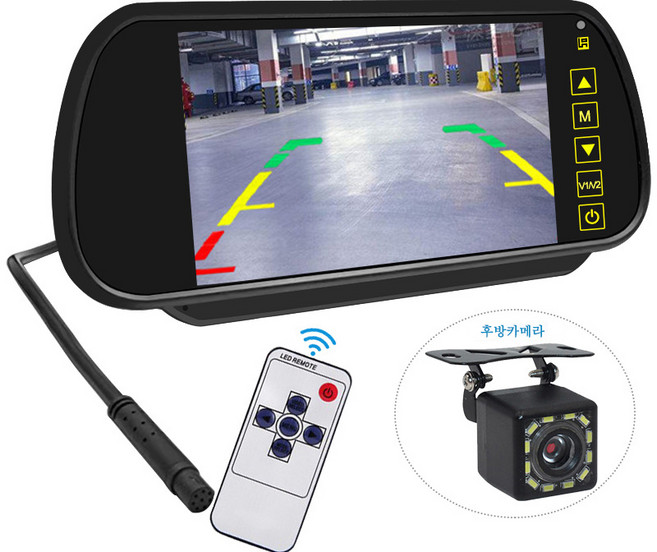 Aiiyya 7인치 거울형 룸미러 모니터 고화질 12V/24v 후방카메라모니터, 조절가능한 8램프(12V공용)