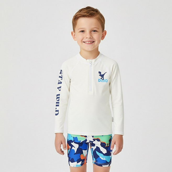 UPPERCUT 주니어 반집업 공룡 래쉬가드 3종세트 남아 계곡 워터파크 물놀이 수영복+수영모 세트 플랩캡 포함