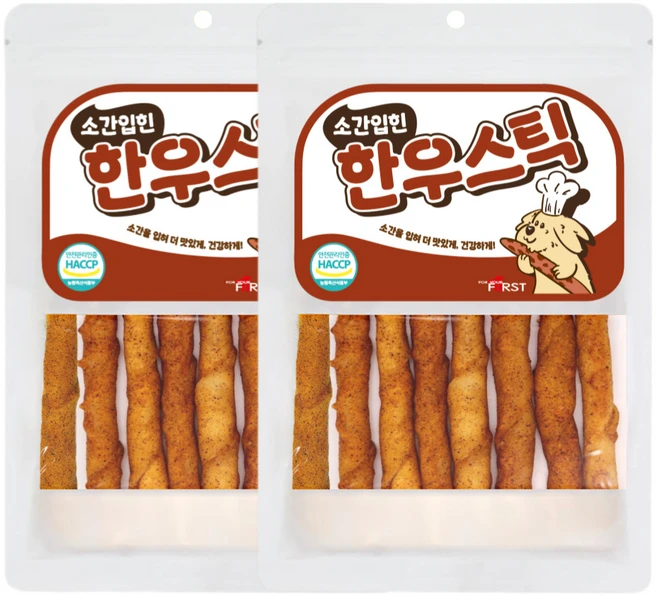 퍼스트독 한우우피스틱 100% 한우껌 오래먹는 강아지껌 국내산 수제간식, 2개, 100g, 소간 - 쿠팡
