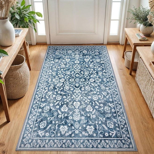 SILOLOOM Navy Round Rug 5 Ft Rugs for Entryway Washable Circle Entrance Rug Non Slip Round Doormat, 라이트 데님 블루와 화이트