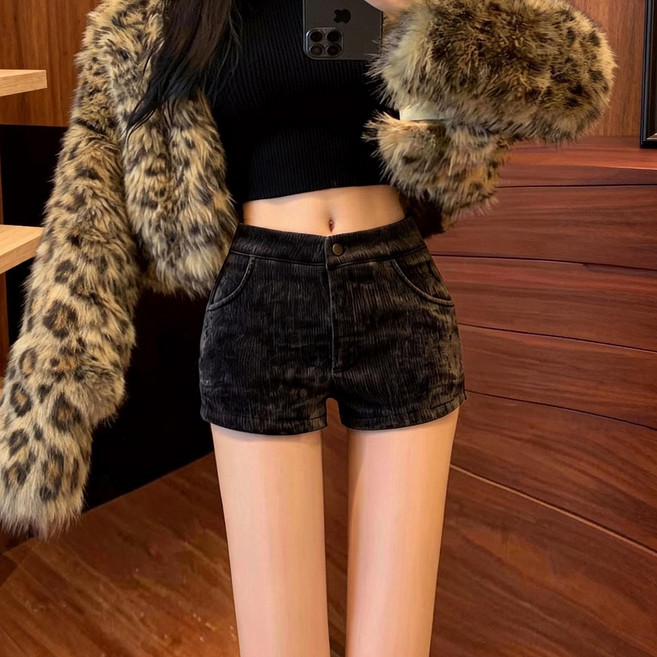 復古絨面緊身短褲女 低腰顯瘦休閒熱褲靴褲, 1個, 黑色M
