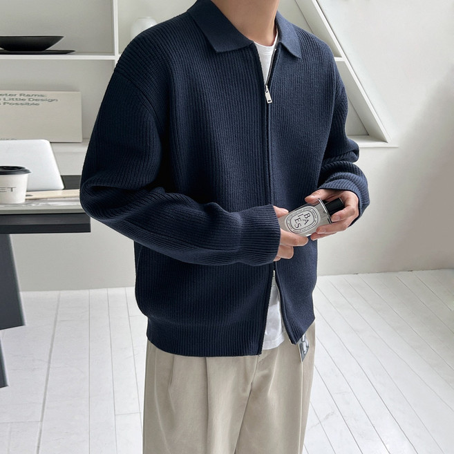 MYQ 올드 머니 스타일 라펠 스웨터 남성 가을 겨울 루즈핏 캐주얼 재킷 한국 스타일 통근 심플 니트 스웨터