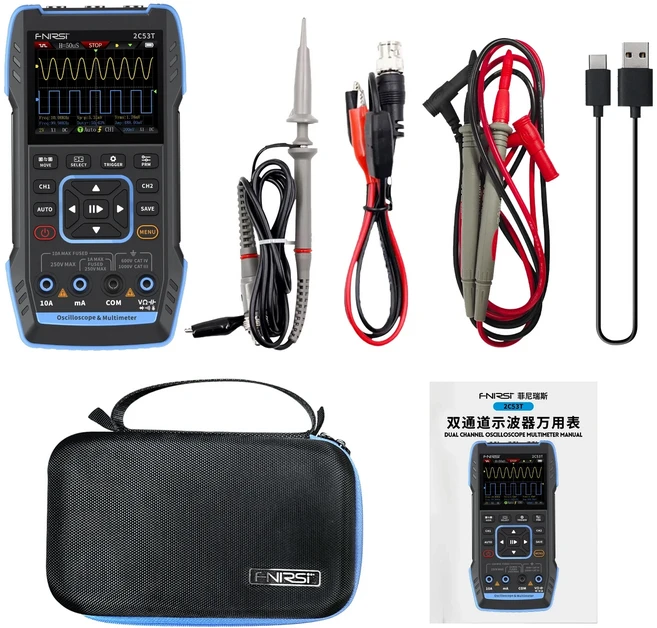 정시출고 품질보증 FNIRSI 2C53T 3-in-1 오실로스코프 멀티미터 신호 발생기 50MHz 대역폭 250MS 샘플링 속, 02 2C53T 1PCS P6100