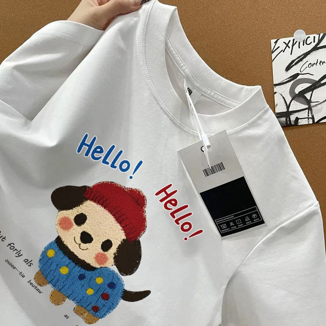 이노뱅크 INO590A 순면 캐주얼 강아지 캐릭터 프린팅 오버핏 티셔츠