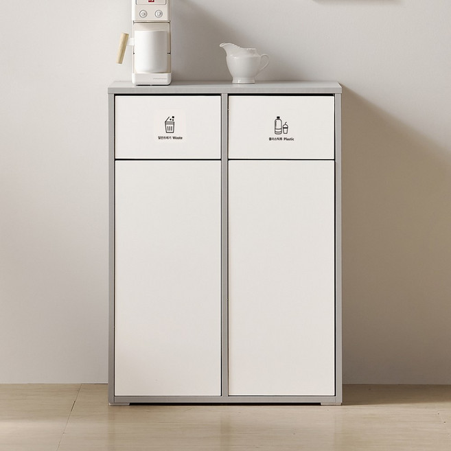 퍼니하우스 몬드 가정용 대형 분리수거함 쓰레기통 2칸 탕비실 사무실 재활용 수납장 편의점그거 정수기받침대, 연그레이화이트