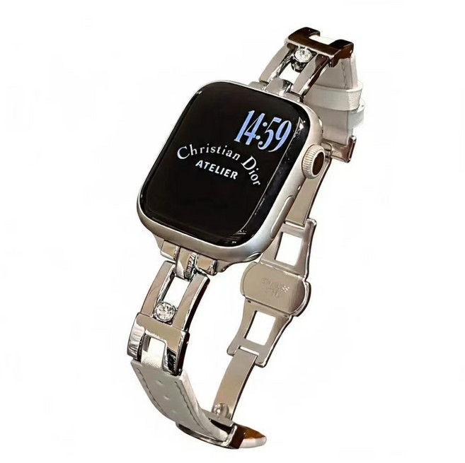 부금 애플워치 천연 가죽 밴드 울트라2 11 10 9 8 7 6 5 4 3 SE2 호환, 1개, 흰색