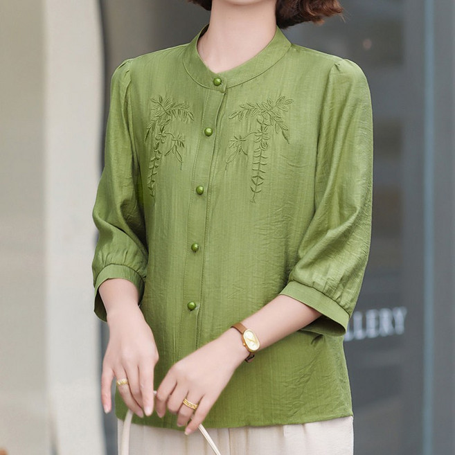 중년 여성복 봄가을 긴팔 셔츠 블라우스 엄마 패션 면 마 칠부 소매 자수 시크 남방 캐주얼 기질 상의 LJX