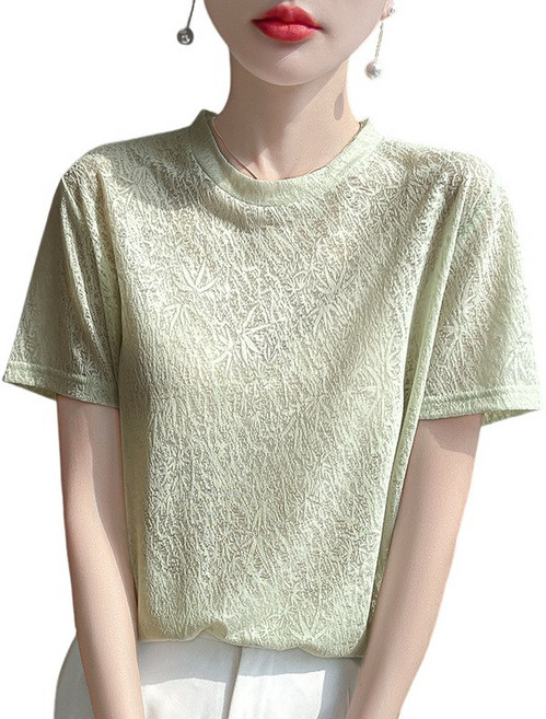 여성용 비스코스 라운드넥 패턴 반팔 니트 티셔츠 데일리 부드러운 스판 이너티 ZH520