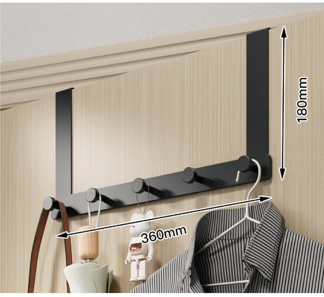 마벨인홈 무타공 철제 문걸이 도어 행거후크, 5구, 블랙, 1개