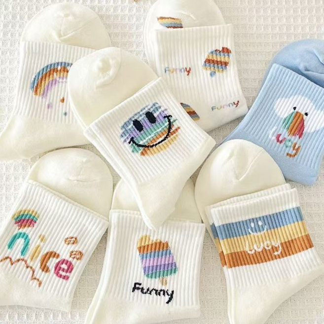 노리밋 여성용 귀여운 패턴 양말 부드럽고 통기성 좋은 데일리 중목 양말 7켤레 세트