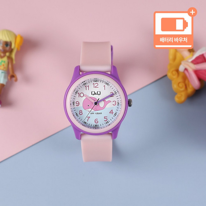 큐앤큐 어린이 아동 방수 캐릭터 캐쥬얼 초등학생 새학기 키즈 아날로그 시계 + 배터리 바우처