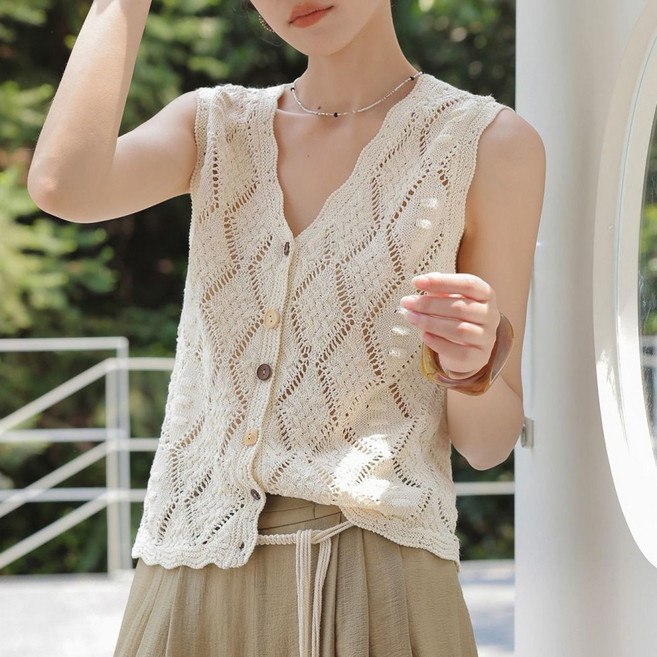 지고다그 여성 레이스 V넥 민소매 베스트니트 여름 여유로운 핏 캐주얼 탑 LJM1349