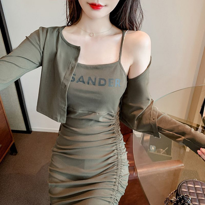 봄 가을 여성 세트 캐주얼 여자 치마 투피스 세트 기질 레터링 가디건 긴팔티 + 끈나시 원피스 투피스 WXY