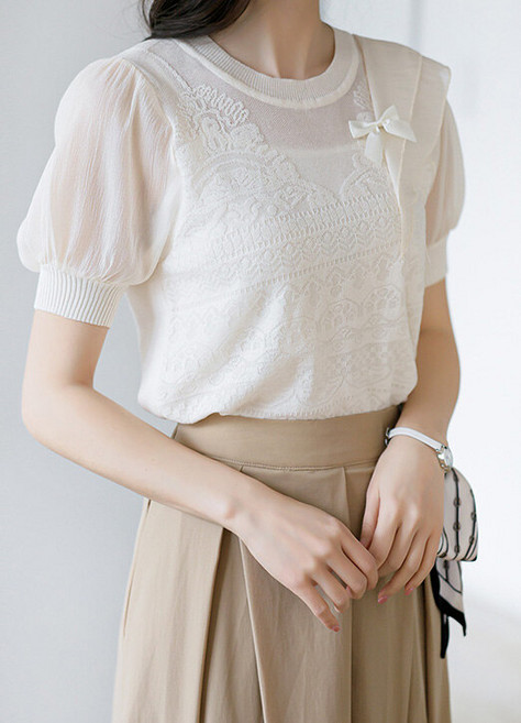 스타일온미 스타일온미 리본 언발 프릴 디테일 쉬폰 배색 니트 블라우스