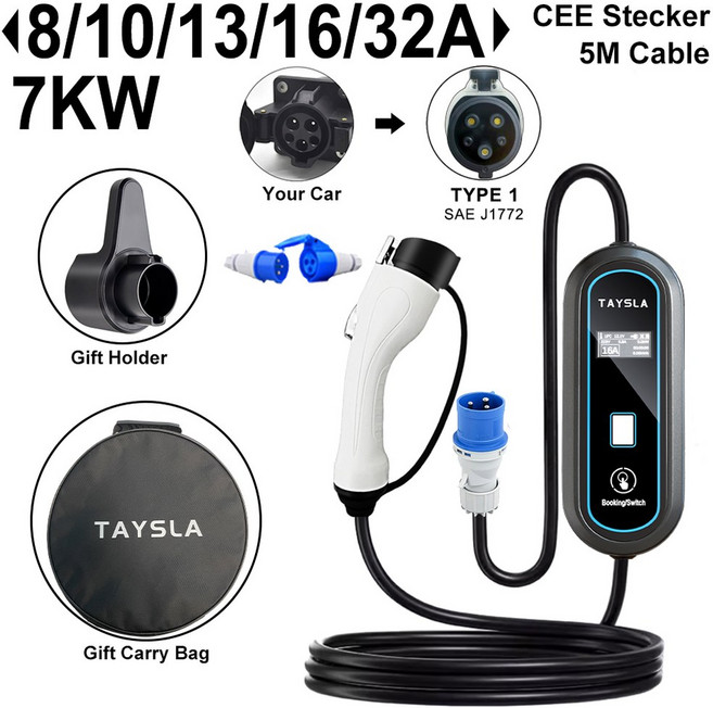 전기차충전기 가정용 완속 충전케이블 5m TAYSLA 16A 32A 220V 비상용 휴대용 이동형 충전기 아이오닉5 테슬라 EV6 포터2 봉고 코나 니로 볼트 벤츠 BMW, 7KW 5M
