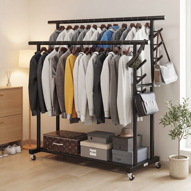 UniNest 튼튼한 2단 보강프레임 이동식 옷걸이 행거, 모던 블랙