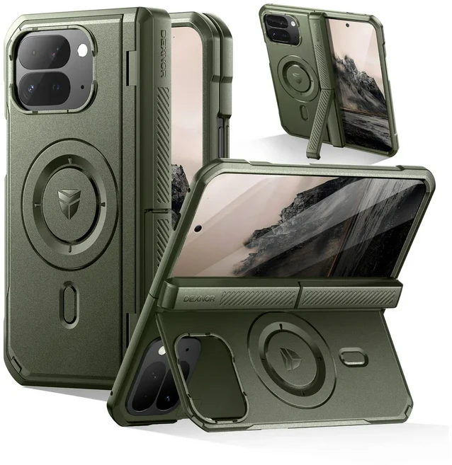 듀얼 킥스탠드가 있는 구글 픽셀 10 프로 폴드용 Dexnor 마그네틱 케이스 전면 화면 보호기 힌지 커버, 01 for Pixel 10Pro Fold, 01 Army Grn